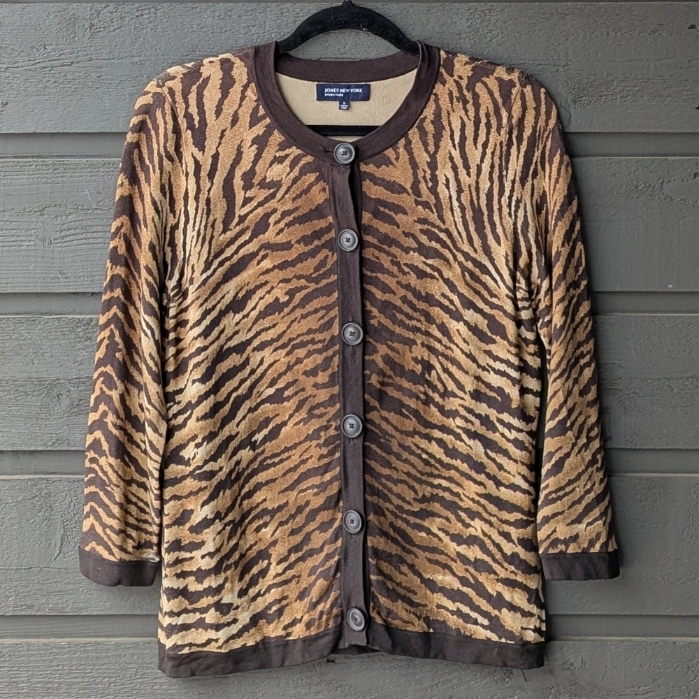 Jones New York Signature Tiger Stripe Knit Silk Cardigan Small Espresso Brown